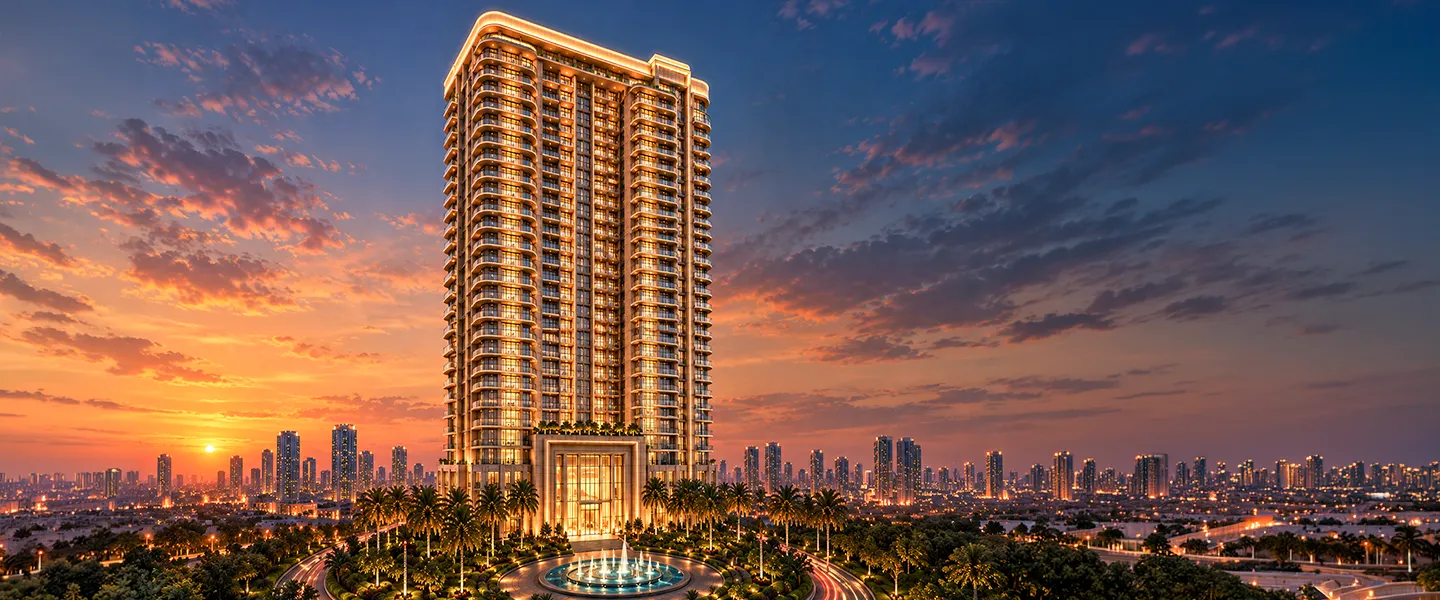 High-rise residential tower lit at dusk above a palm-lined fountain forecourt
