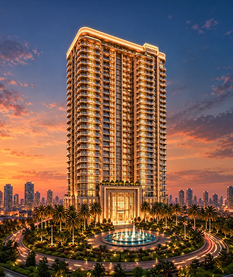High-rise residential tower lit at dusk above a palm-lined fountain forecourt