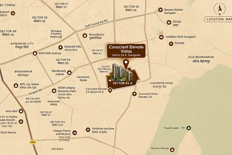 Location map of Sector 63A, Gurugram, showing Golf Course Extension Road and nearby landmarks
